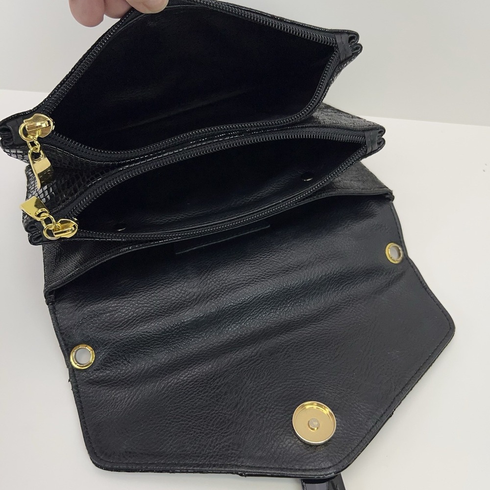 Vtg DUE FRATELLI Leather Purse Black Croc Embossed Crossbody Clutch Bag Classic - Picture 7 of 15